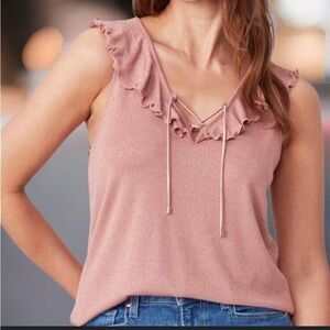 PAIGE Rainey Ribbed Pink Knit Tank Dusty Rose Ruffled xs
